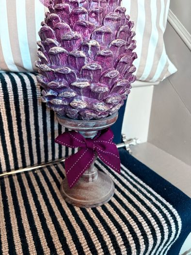 New bespoke oversized autumn Pinecone on distressed wood base in mulberry