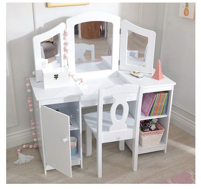 Wooden Vanity and Chair with Mirror and Storage Kids Children's Playroom/Bedroom Furniture