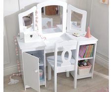 Wooden Vanity and Chair with Mirror and Storage Kids Children's Playroom/Bedroom Furniture