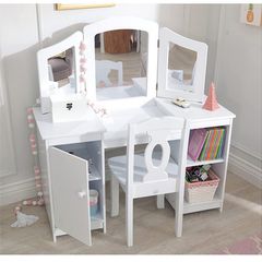 Wooden Vanity and Chair with Mirror and Storage Kids Children's Playroom/Bedroom Furniture