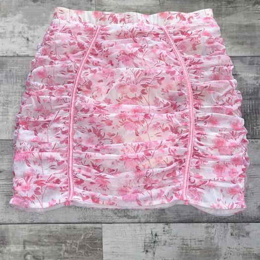 Oh Polly UK12 Pink Floral Ruched Mini Skirt Y2K Bodycon Mesh