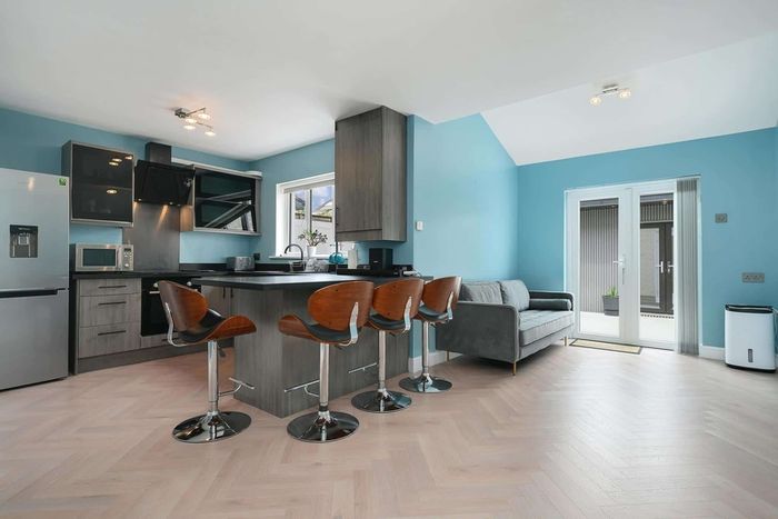 Modern Grey Kitchen Cabinets, Large Island Counter, 4 Bar Stools