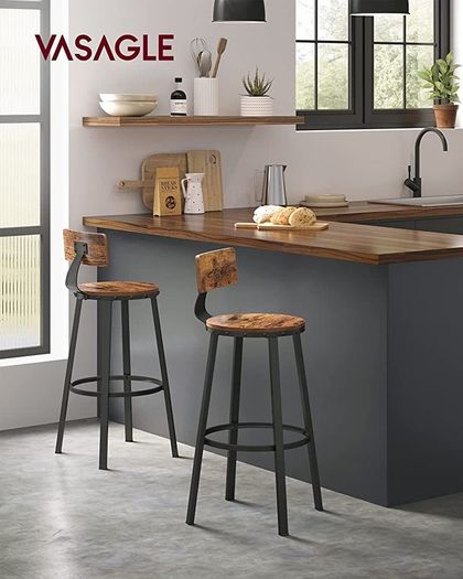 Bar Stools, Kitchen Stools, Set of 2 Tall Bar Chairs with Backrest, Steel Frame, 73 cm High Seat, Easy Assembly, Industrial, Rustic Brown and Black (FREE POSTAGE)