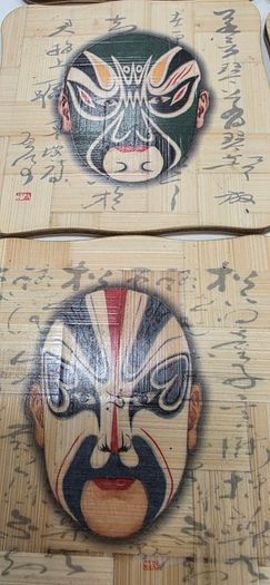 Vintage Chinese Opera Mask Bamboo Coasters Set of 6 with matching wood holder