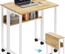 Small Folding Desk with Storage Shelf,80 cm Computer Rolling Desk on Wheels Easy Assembly,Foldable desk for Small Space,Oak