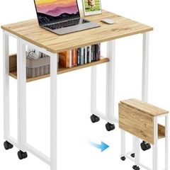 Small Folding Desk with Storage Shelf,80 cm Computer Rolling Desk on Wheels Easy Assembly,Foldable desk for Small Space,Oak