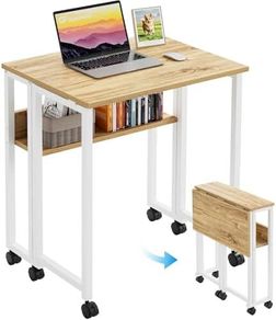 Small Folding Desk with Storage Shelf,80 cm Computer Rolling Desk on Wheels Easy Assembly,Foldable desk for Small Space,Oak
