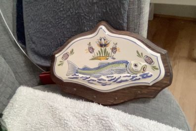 French vintage wall plaque, ceramic and wood