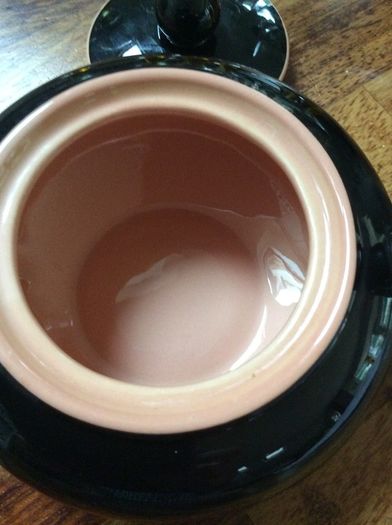 Villeroy and Boch Biarritz Mid century Black glazed lidded sugar bowl with pink / peach interior