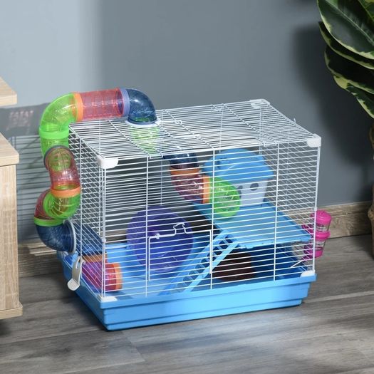2 Tier Hamster Cage, Gerbil Cage with Handle, Exercise Wheels, Tunnel, Tube, Water Bottle, Dishes, Ladder, for Dwarf, Blue
