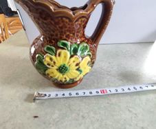 Vintage small brown pitcher embossed yellow daisies daisy decorative