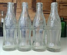 490 - Set of 4 Vintage 1950s Clear Glass Crown Cap Top Collectible Decorative Coca Cola Bottles