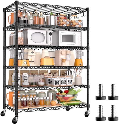 91cm x 46cm x 191cm Wire Storage Shelves with Wheels, NSF Certified 6-shelfs Heavy Duty Adjustable Kitchen Shelving Unit, Pantry Organizer Rack Rolling Metal Shelf for Garage