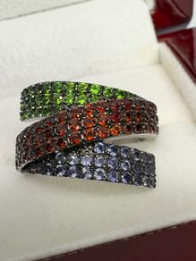 Silver Sterling Silver Statement Ring: Chrome Diopside, Garnet & Tanzanite