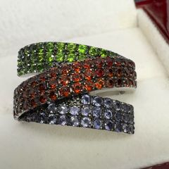 Silver Sterling Silver Statement Ring: Chrome Diopside, Garnet & Tanzanite