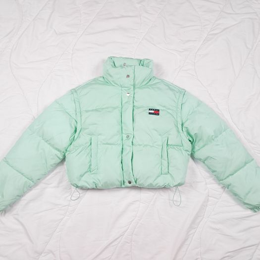 Tommy Jeans Mint Green Seafoam Cropped Convertible Puffer Jacket Size M