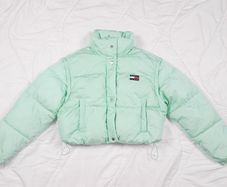 Tommy Jeans Mint Green Seafoam Cropped Convertible Puffer Jacket Size M