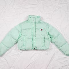 Tommy Jeans Mint Green Seafoam Cropped Convertible Puffer Jacket Size M