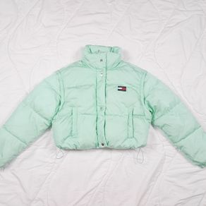 Tommy Jeans Mint Green Seafoam Cropped Convertible Puffer Jacket Size M