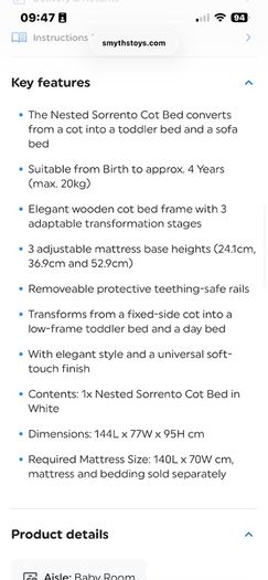 Nested Cot Bed and Matress