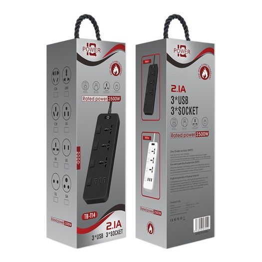 T14 2m 2500W 3 Plugs + 3-USB Ports Multifunctional Socket With Switch, Specification: EU Plug (Black)