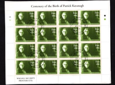 2004 Ireland Centenary of the Birth of Patrick Kavanagh Stamp Sheetlet Plate 1A1A1A1A Fine CDS Used with Dublin cancel of 21st October 2004 (First day of issued) on envelope extract.