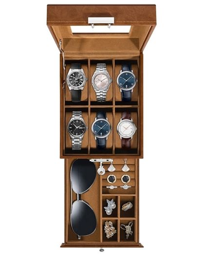 2-Tier Watch Case with Key Lock, Glass Lid, Watch Display Box for Men and Women, Brown Synthetic Leather, Brown Velvet Lining, Removable Pillows, Jewelry Storage Box, Gift Idea
