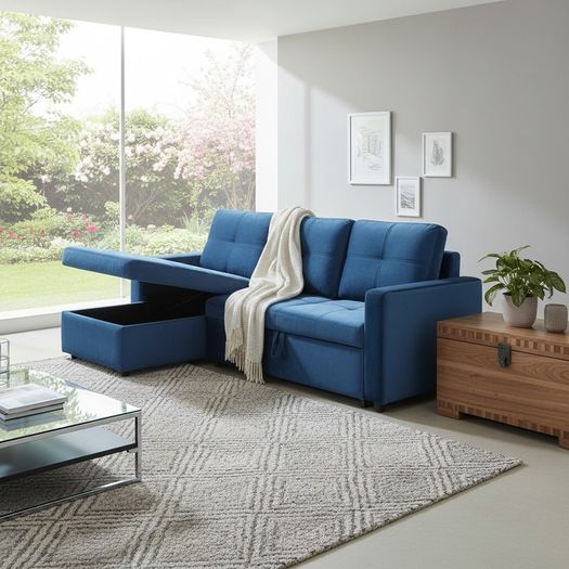 Blue Corner Sofa Bed Storage,215cm