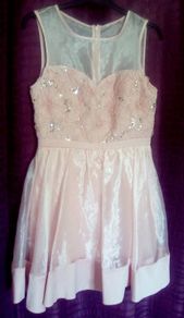 Miss Selfridge Coral/Peach Colour Sequined Bodice Lace Overlayered Skirt, Knee Length Dress