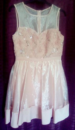 Miss Selfridge Coral/Peach Colour Sequined Bodice Lace Overlayered Skirt, Knee Length Dress
