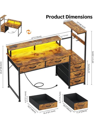 120cm Computer Desk with 5 Fabric Drawers, Reversible Home Office Desk with Printer Cabinet, Writing Desk with Monitor Stand & Power Outlets, Study Table with LED Light, Rustic Brown