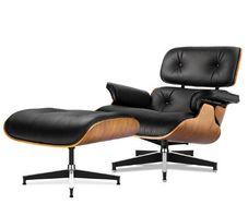 Replica Lounge Chair with Ottoman Black Lather Walnut Wood Genuine Leather Chaise for Living Room