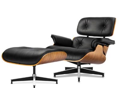 Replica Lounge Chair with Ottoman Black Lather Walnut Wood Genuine Leather Chaise for Living Room