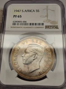 South Africa 1947 Silver Proof 5 Shillings Coin NGC PF65 Beautiful Coin