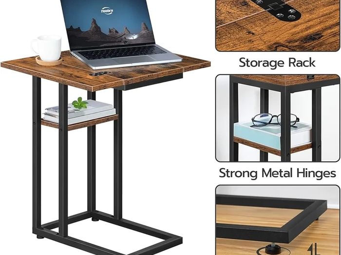 C Shaped Side Table, Foldable Sofa Table, Small Table Bedside Tables, Laptop Table for Sofa, Folding Side Table Small Coffee Tables for Living Room, Bedroom, Rustic Brown and Black