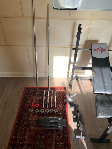 Home Gym, weights, bench, and misc