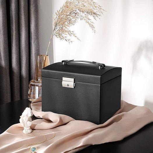 _Jewelry Box, Jewelry Case, Travel Jewelry Box, Portable Jewelry Organizer, with 2 Drawers, Mirror, Lock and Keys, Lockable, 17.5 x 13.5 x 12 cm, Black