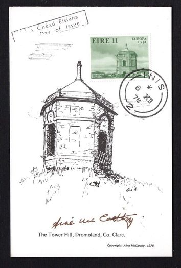 1978 Ireland Europa Architecture Commemorative Stamps Maximum Cards signed by designer Aine McCarthy with First Day Cover (FDC) cancel from Inis (Ennis, Co. Claire)