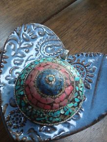 Turquoise,Coral and Lapis Mosaic Pendent
