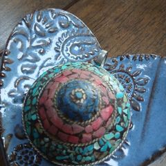 Turquoise,Coral and Lapis Mosaic Pendent
