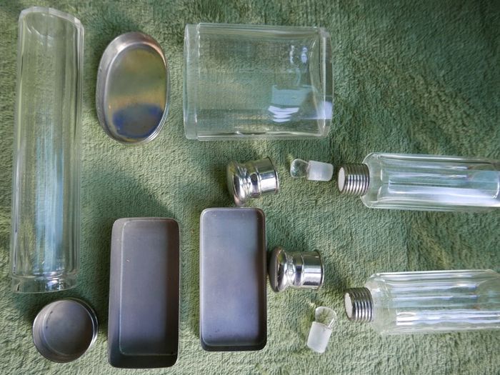 Antique Edwardian 1800s Set 5  Apothecary Bottles Ground-Glass Stoppers, Glass Vanity Pin Bottles Jars
