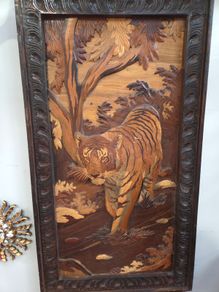 Vintage Wood Inlay Panel Tiger