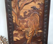 Vintage Wood Inlay Panel Tiger