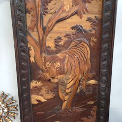 Vintage Wood Inlay Panel Tiger