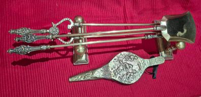 Brass Fireplace Companion Set, Dogs and Belows