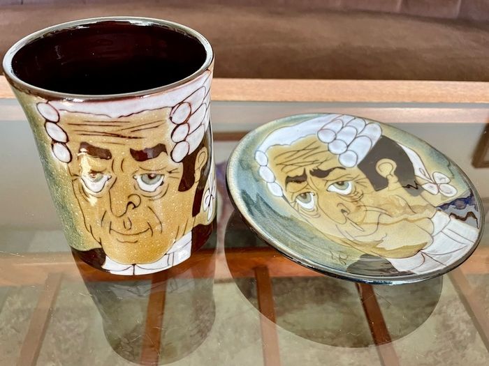 1960s Design English Chelsea Pottery Set Earthenware Glazed Footed Dish and Mug Barrister Judge Collectible