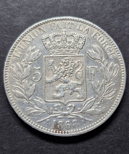1868 Belgium 5 Francs - Leopold I Silver coin