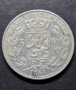 1868 Belgium 5 Francs - Leopold I Silver coin