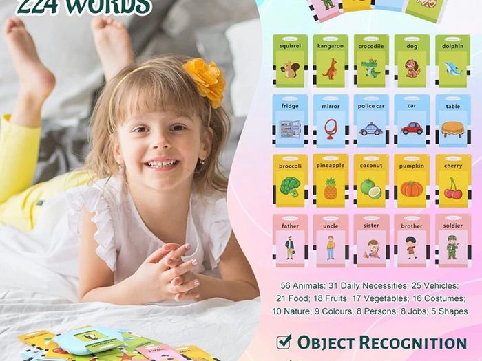 Talking Flash Cards Educational Toys for Toddlers 1-6 Years Old Preschool Learning Toys for Boys Girls 112 Pcs Double-Side Cards 224 Words Reading Toy for Kids Christmas Birthday (Blue/Pink)