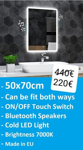 LED Bathroom Mirrors Speakers Demister Antifog Weather Station Clock Dual LED Sensor Touch